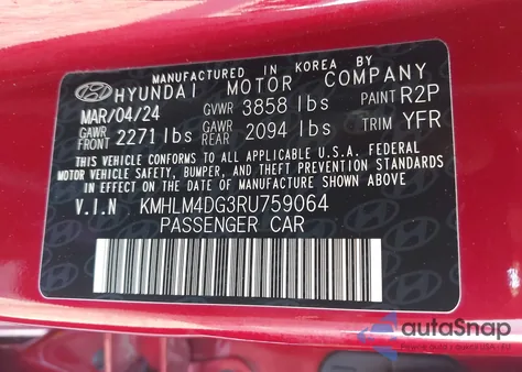 2024 Hyundai Elantra Sel z USA, uszkodzony, nr VIN KMHLM4DG3RU759064